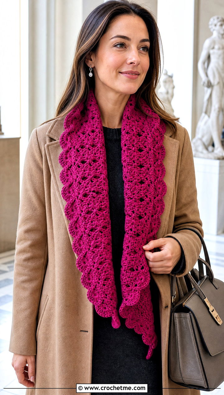Shell Stitch Crochet Scarf With Sweater Dress - 15 beginner crochet scarf design outfit ideas