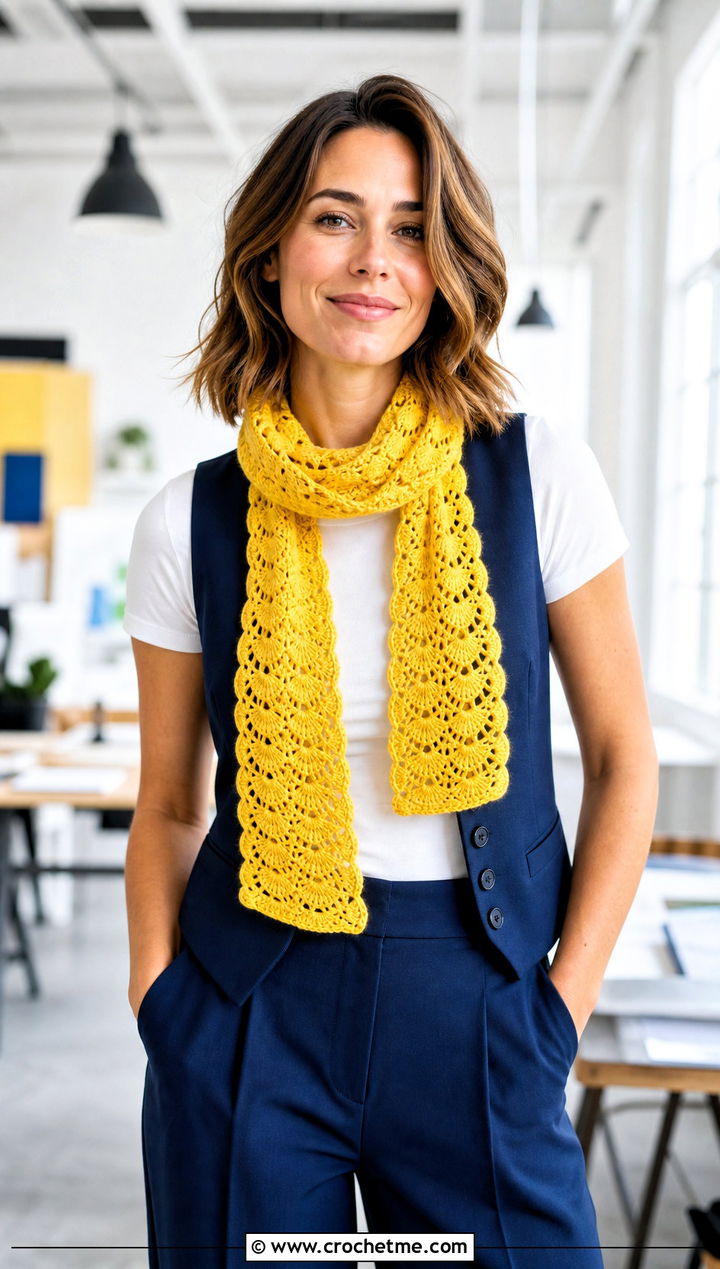 Shell Stitch Crochet Scarf With Tailored Vest - 30 wanderlust crochet scarf outfit ideas