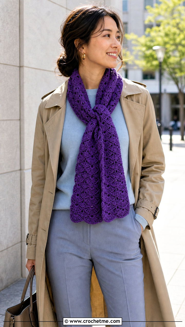 Shell Stitch Crochet Scarf With Trench Coat - 25 boho crochet scarf outfit ideas