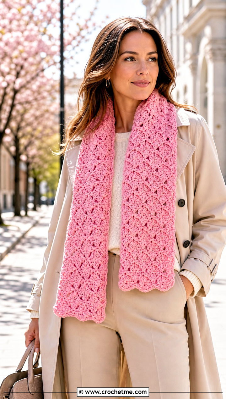 Shell Stitch Crochet Scarf With Trench Coat - 25 Quick And Easy Crochet Scarf outfit ideas