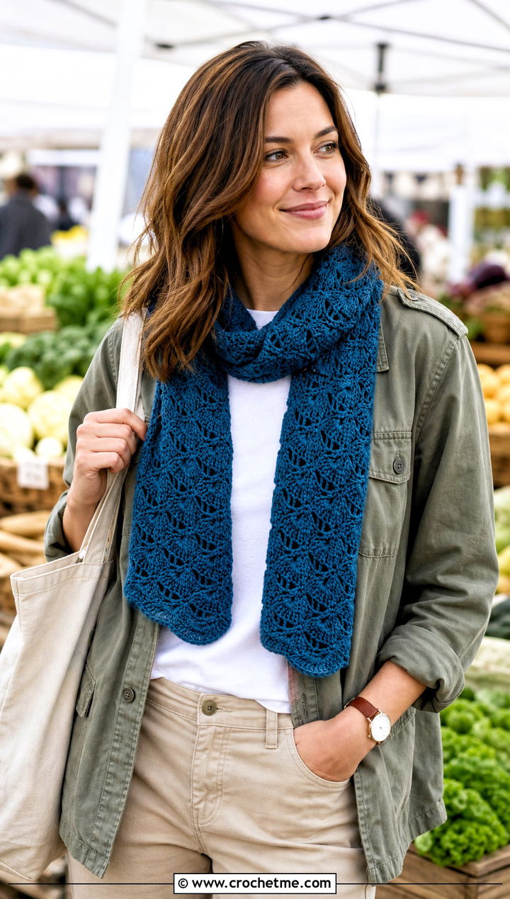 Shell Stitch Crochet Scarf With Utility Jacket And Chinos - 25 super crochet scarf outfit ideas