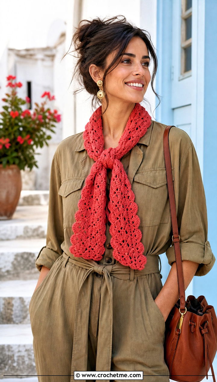 Shell Stitch Crochet Scarf With Utility Jumpsuit - 15 Light Weight Crochet Scarf outfit ideas