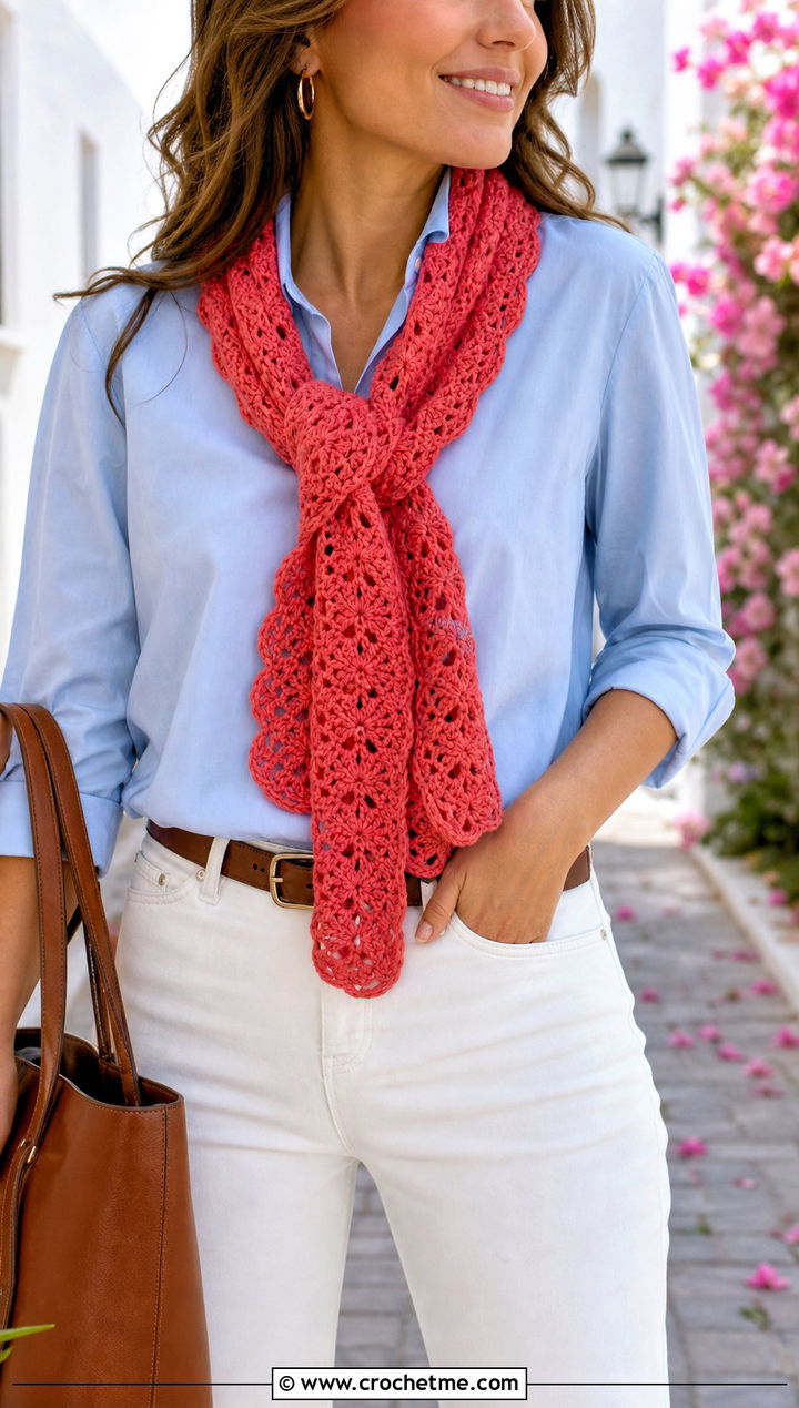 Shell Stitch Crochet Scarf With White Denim Jeans - 25 denim and crochet scarf outfit ideas