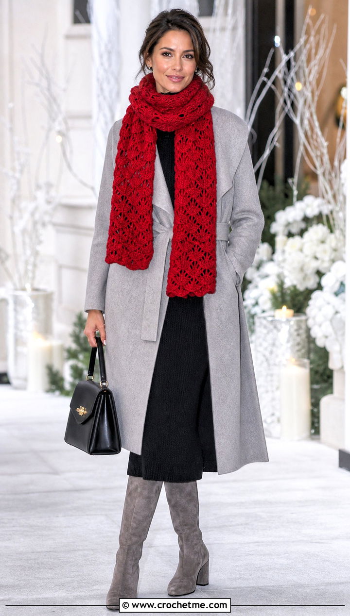 Shell Stitch Crochet Scarf With Wrap Coat and Midi Dress - 35 Winter Crochet Scarf outfit ideas