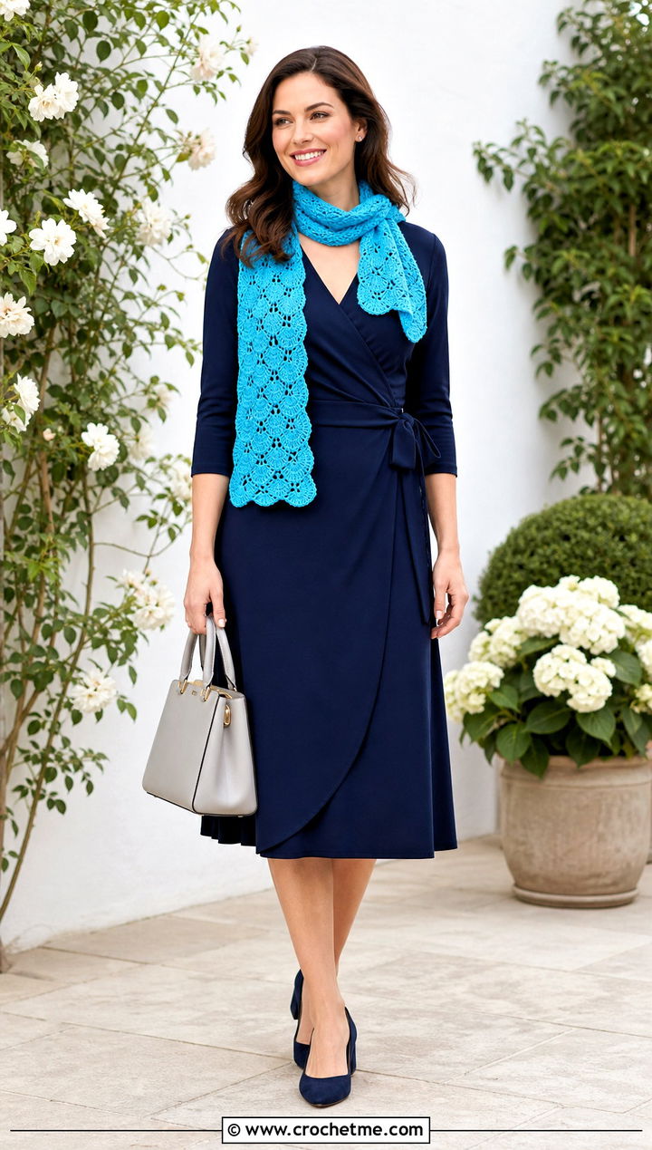 Shell Stitch Crochet Scarf With Wrap Dress - 35 crochet scarves outfit ideas