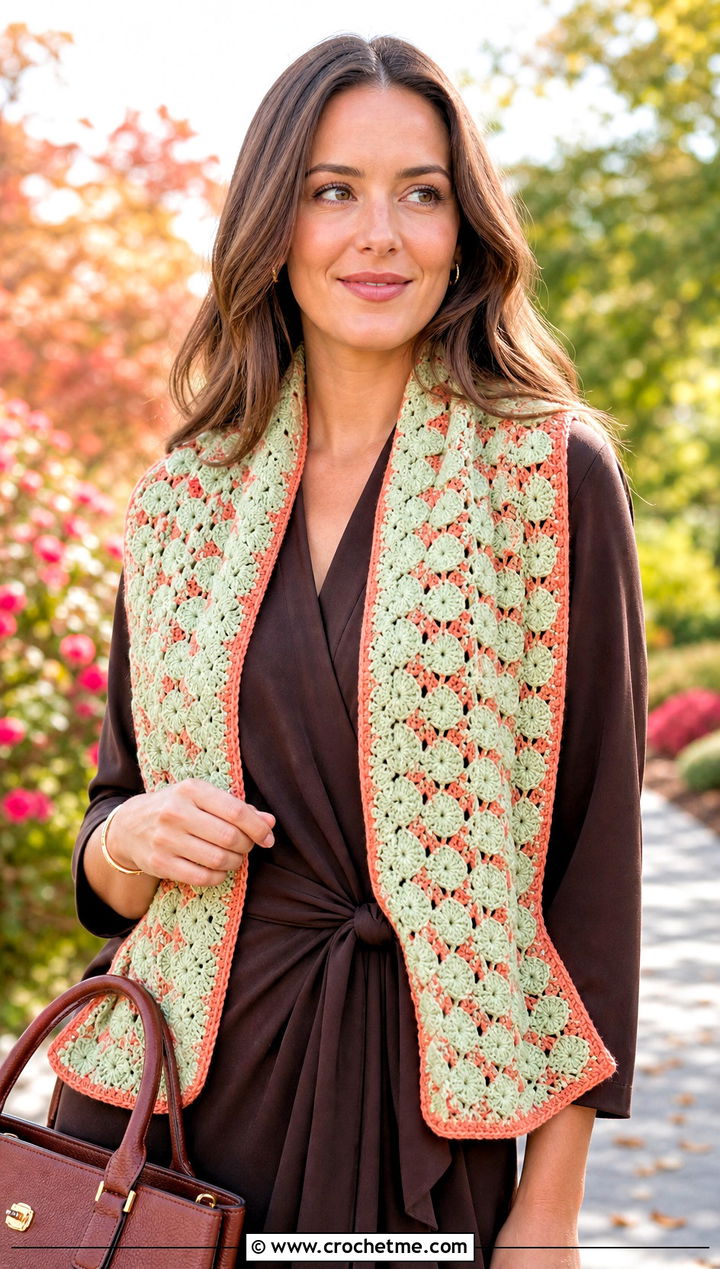 Shell Stitch Crochet Scarf With Wrap Dress - 30 2 color crochet scarf outfit ideas