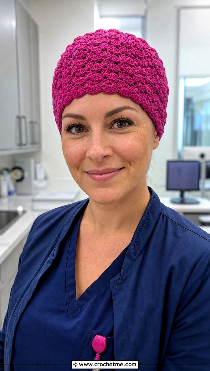 Shell Stitch Crochet Scrub Cap With Clinic Scrubs - 20 Crochet Scrub Cap outfit ideas