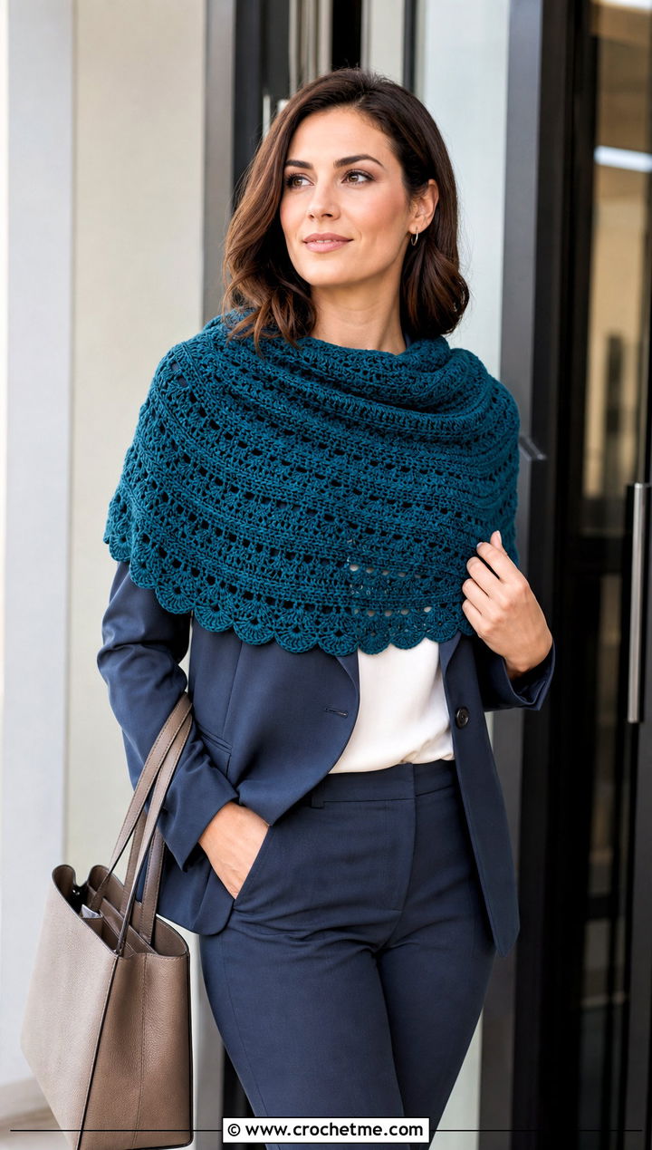 Shell Stitch Crochet Semi Circle Shawl With Trouser Suit - 25 Crochet Semi Circle Shawl outfit ideas