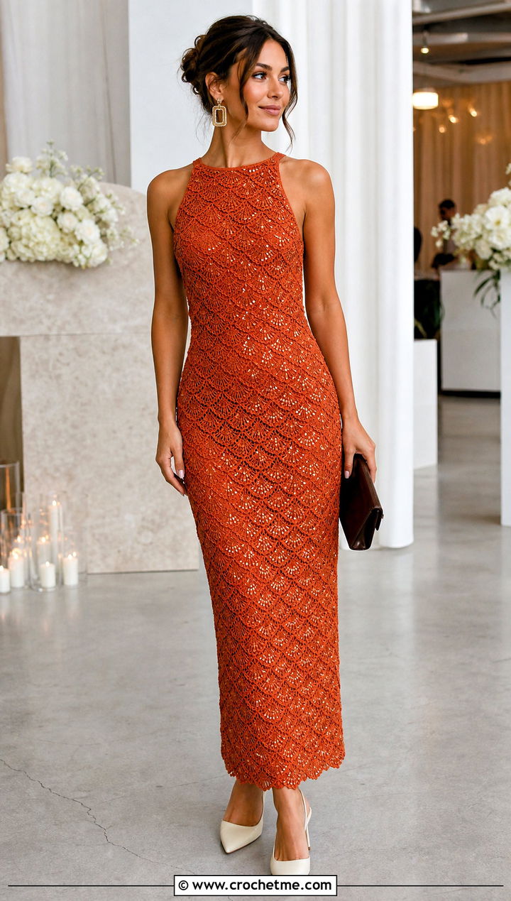 Shell Stitch Crochet Sequin Dress With Slingback Pumps - 35 crochet sequin dress outfit ideas