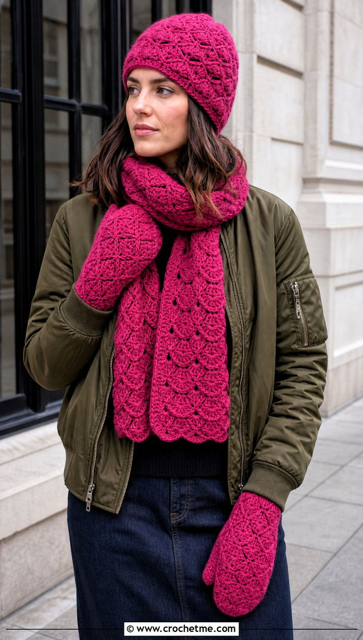 Shell Stitch Crochet Set With Bomber Jacket - 20 Crochet Hat Mittens Scarf Set outfit ideas
