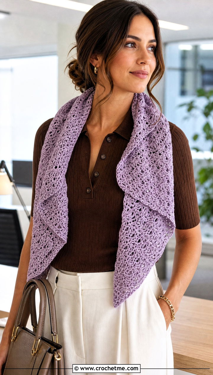 Shell Stitch Crochet Shawl Scarf With Knit Polo - 30 crochet shawl scarf outfit ideas