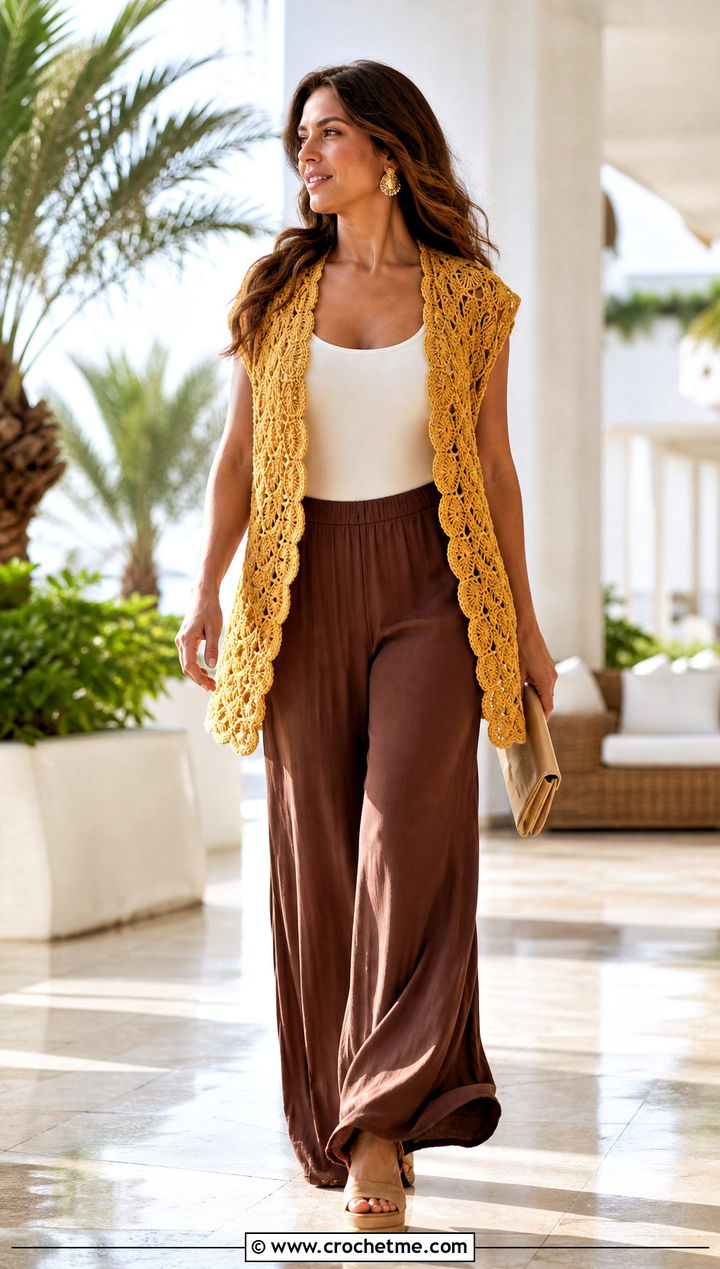 Shell Stitch Crochet Shawl Vest With Palazzo Pants - 25 crochet shawl vest outfit ideas
