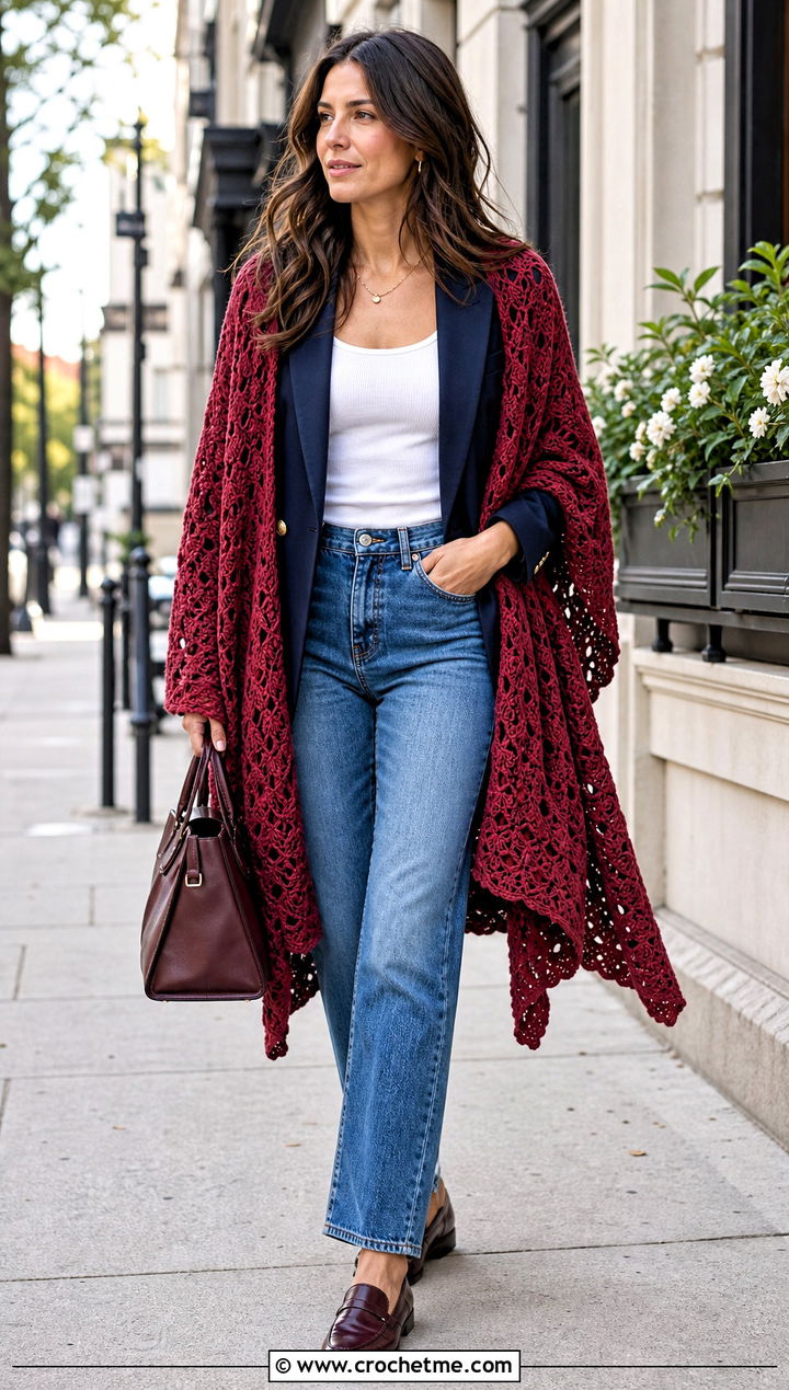 Shell Stitch Crochet Shawl With Blazer And Jeans - 25 Stevie Nicks Crochet Shawl outfit ideas