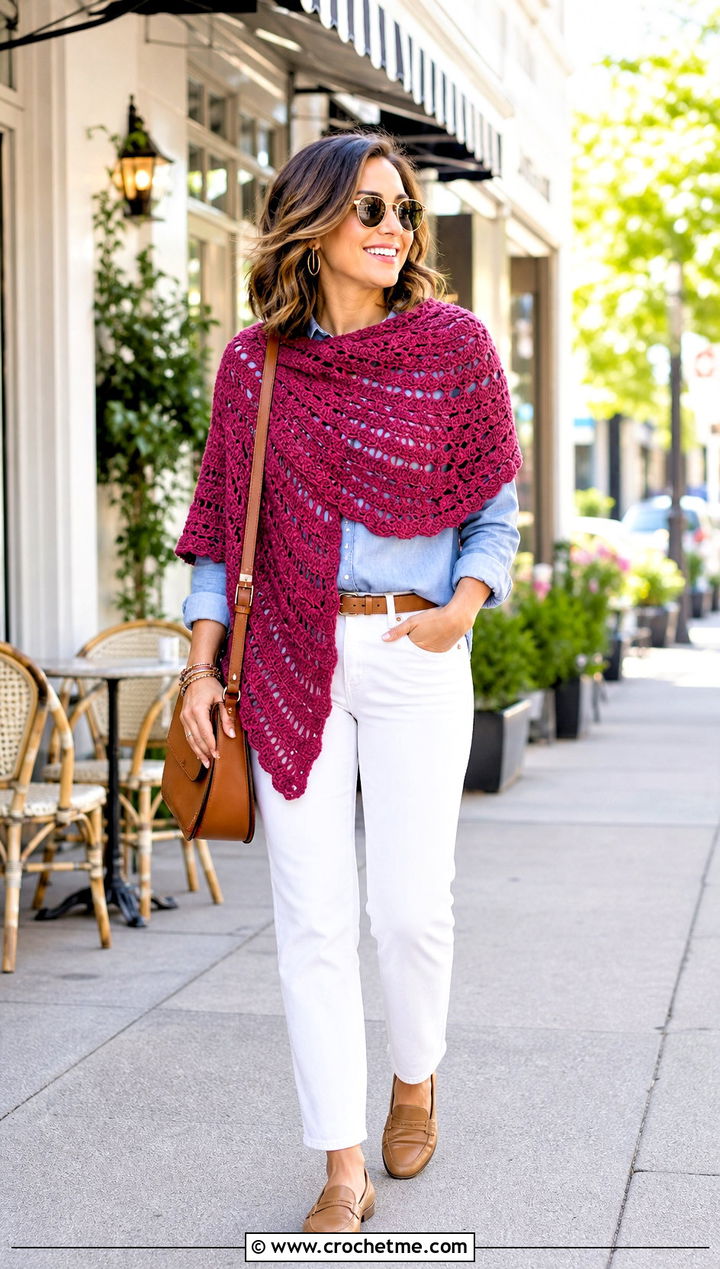 Shell Stitch Crochet Shawl With Chambray Shirt And White Jeans - 35 quick crochet shawl outfit ideas