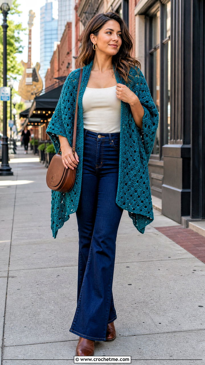 Shell Stitch Crochet Shawl With Flared Jeans - 35 Crocheted Shawls And Wraps outfit ideas