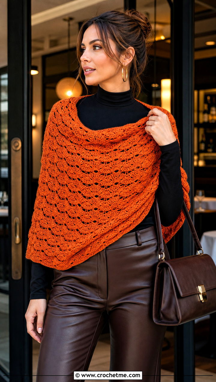 Shell Stitch Crochet Shawl With Leather Pants - 15 bright crochet shawl outfit ideas
