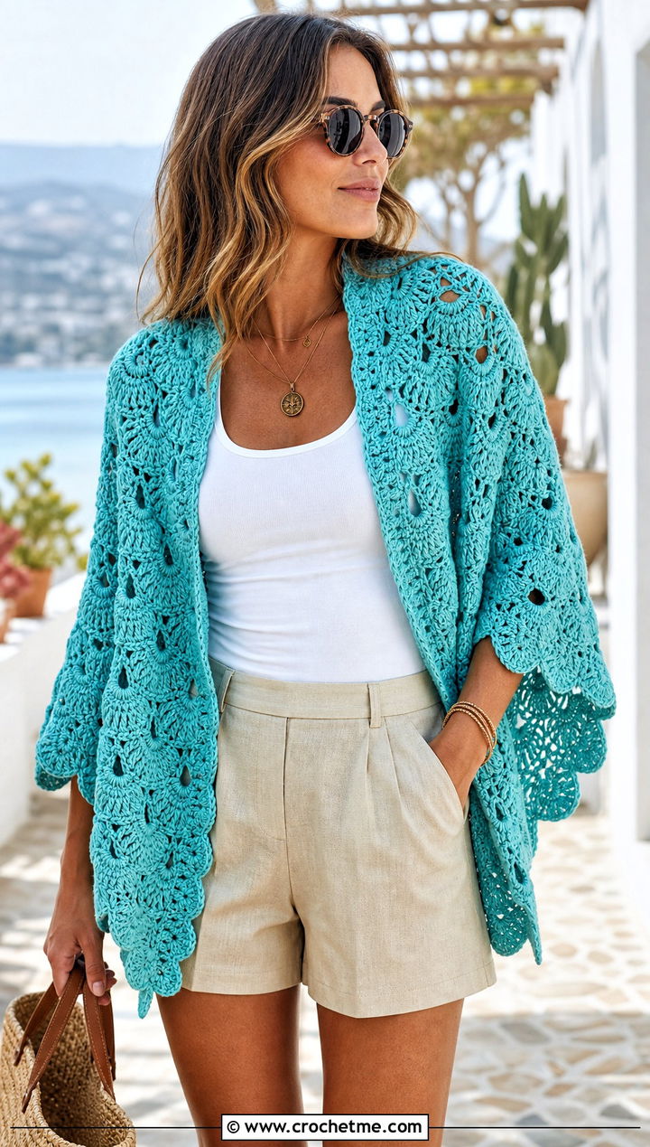 Shell Stitch Crochet Shawl With Linen Shorts - 25 Crochet For Shawl outfit ideas