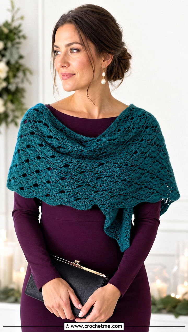 Shell Stitch Crochet Shawl With Long Sleeve Sheath Dress - 15 Winter Wedding Crochet Shawl outfit ideas