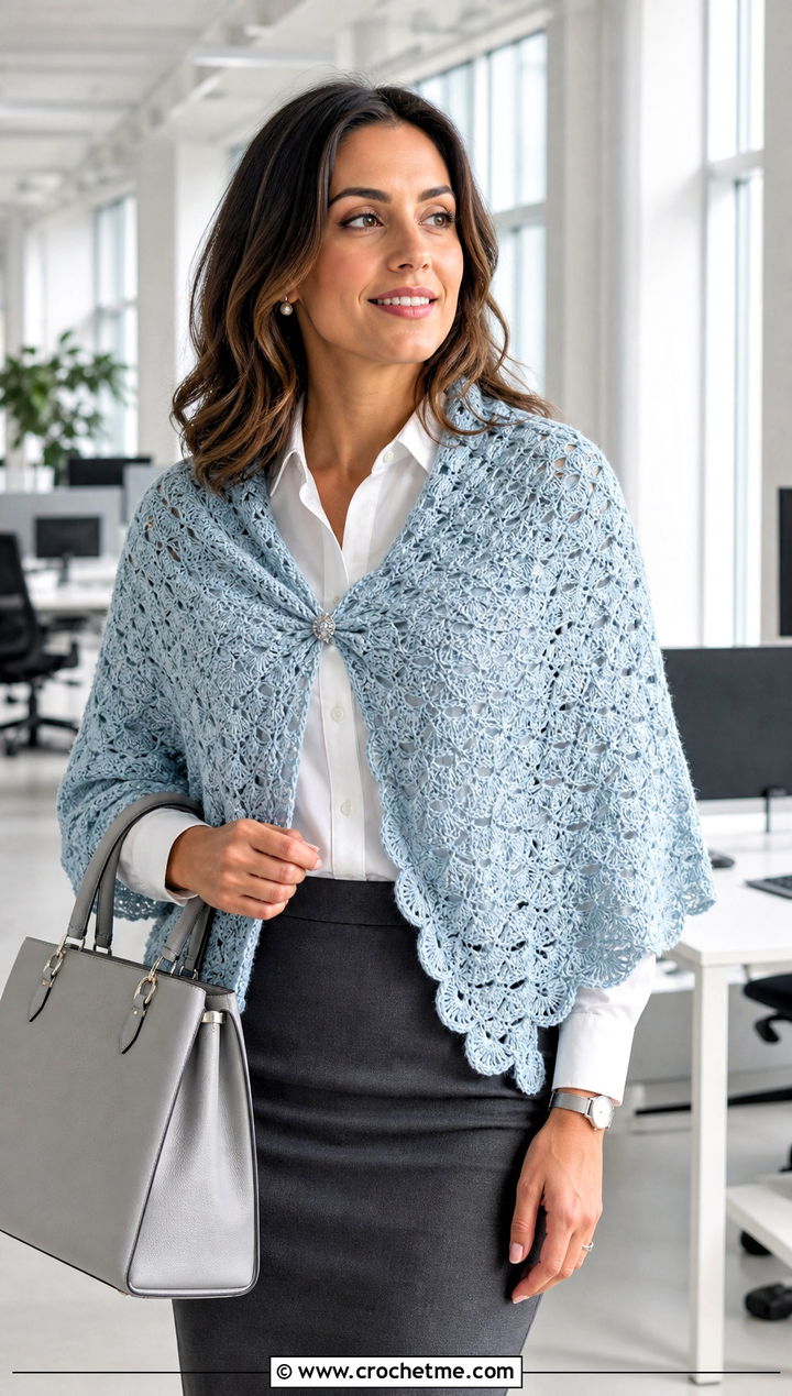Shell Stitch Crochet Shawl With Pencil Skirt - 25 Simple Crochet Shawl outfit ideas