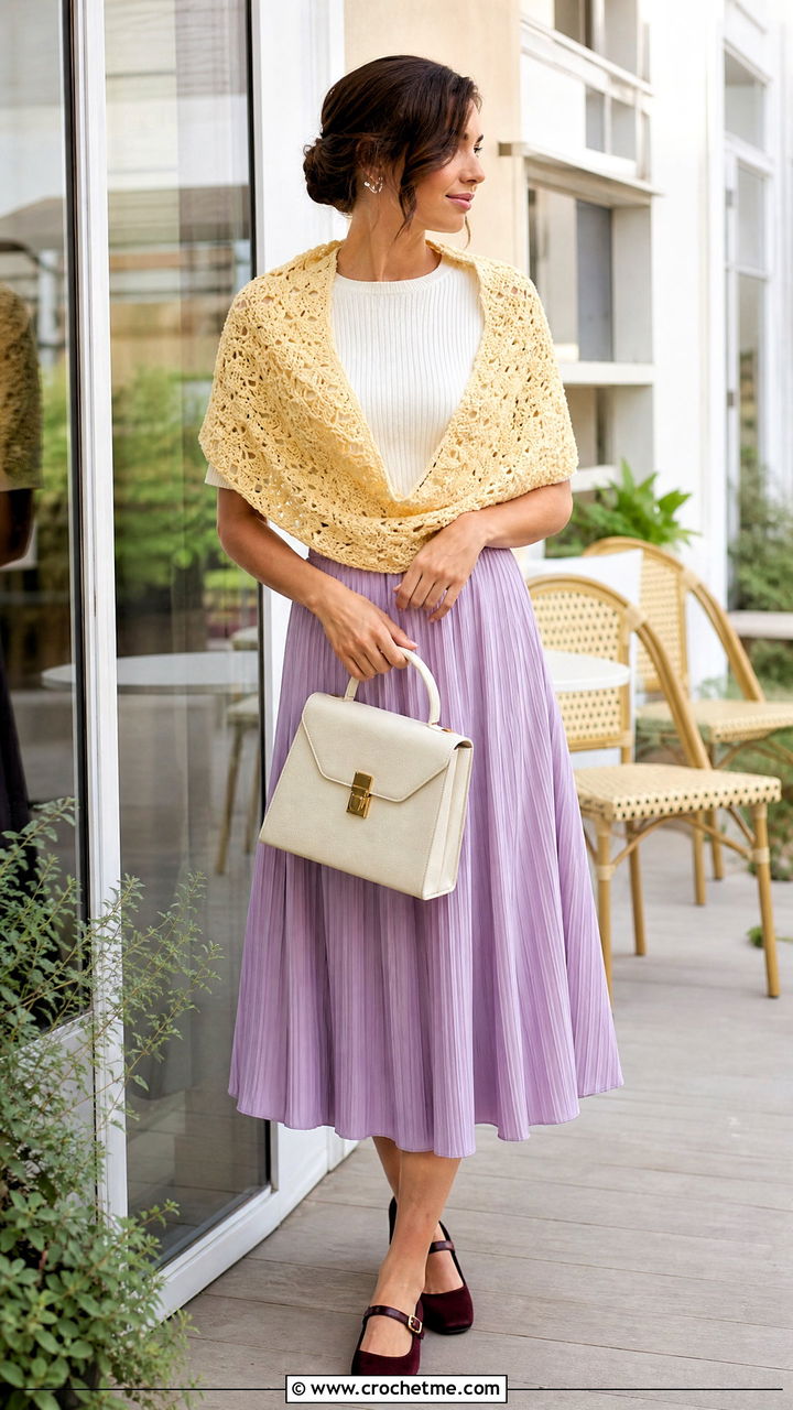 Shell Stitch Crochet Shawl With Pleated Skirt - 35 crochet shawls and wraps outfit ideas