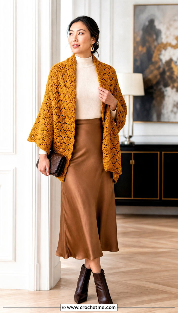 Shell Stitch Crochet Shawl With Satin Skirt - 20 Crochet Shawl Worsted Weight Yarn outfit ideas