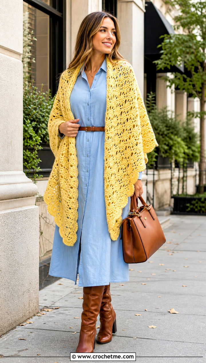 Shell Stitch Crochet Shawl With Shirt Dress - 30 crochet shawl wraps outfit ideas