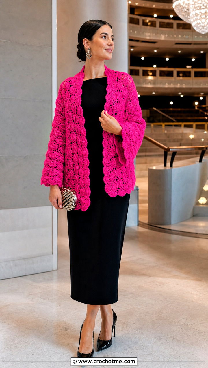 Shell Stitch Crochet Shawl With Sleeves And Little Black Dress - 35 crochet shawl with sleeves outfit ideas