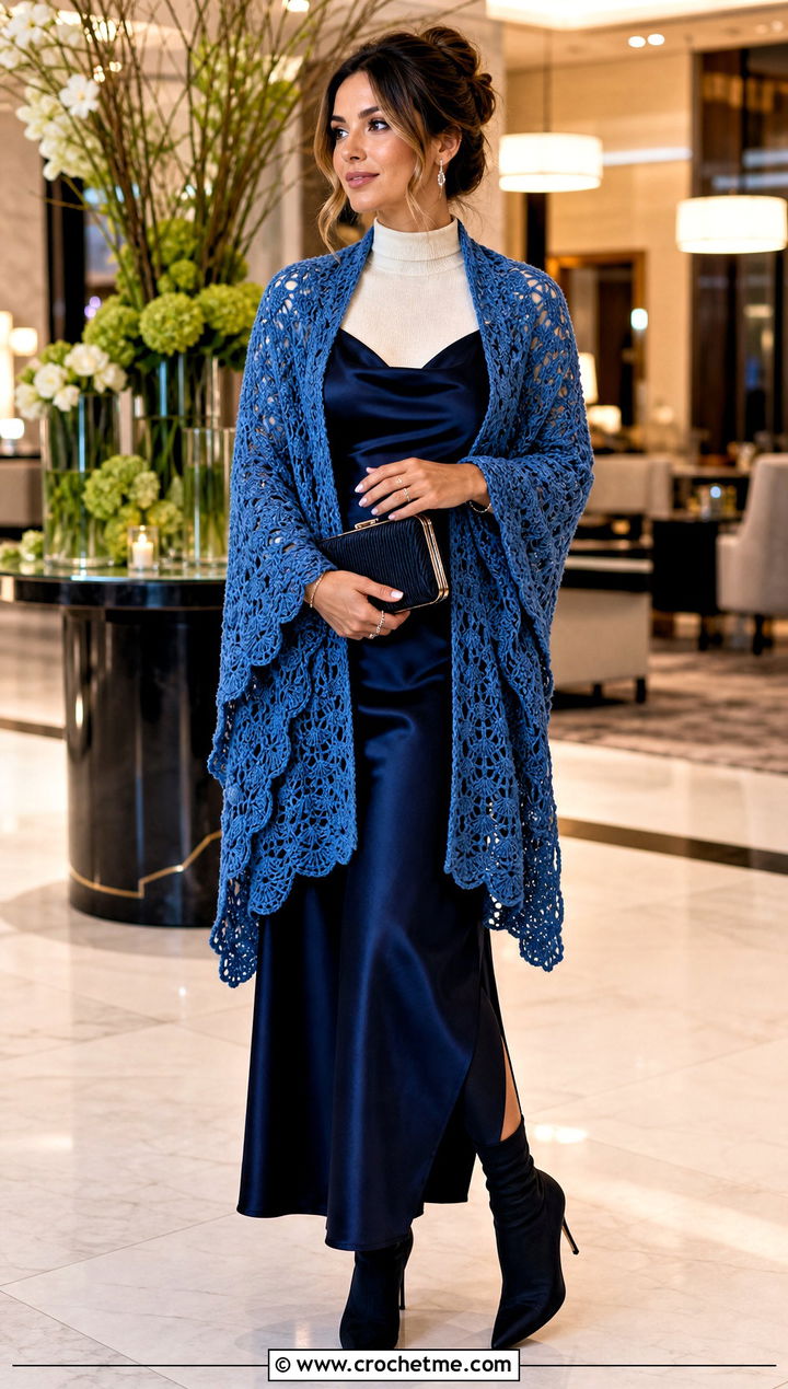 Shell Stitch Crochet Shawl With Slip Dress - 30 winter crochet shawl outfit ideas