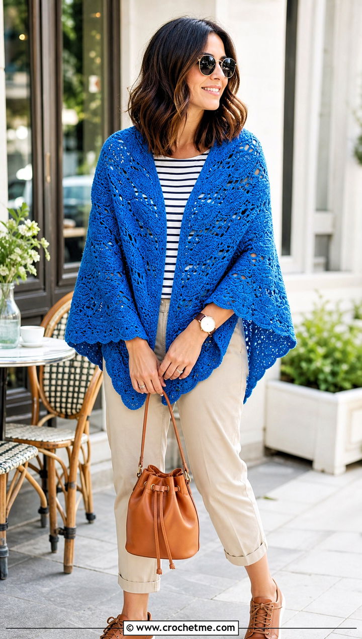 Shell Stitch Crochet Shawl With Striped Tee And Chinos - 25 Spring Crochet Shawl outfit ideas