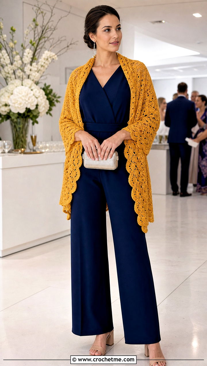 Shell Stitch Crochet Shawl With Tailored Jumpsuit And Heels - 30 simple crochet shawls and wraps outfit ideas