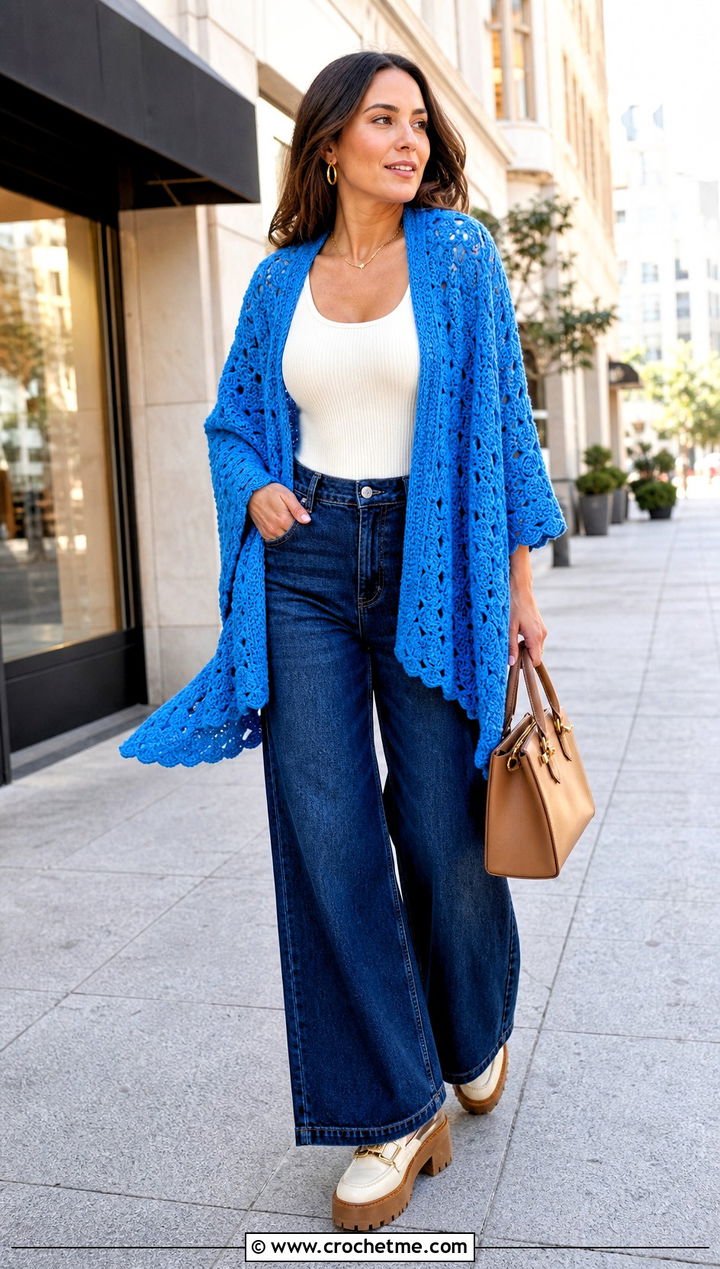 Shell Stitch Crochet Shawl With Wide Leg Jeans - 30 crochet shawl wrap outfit ideas