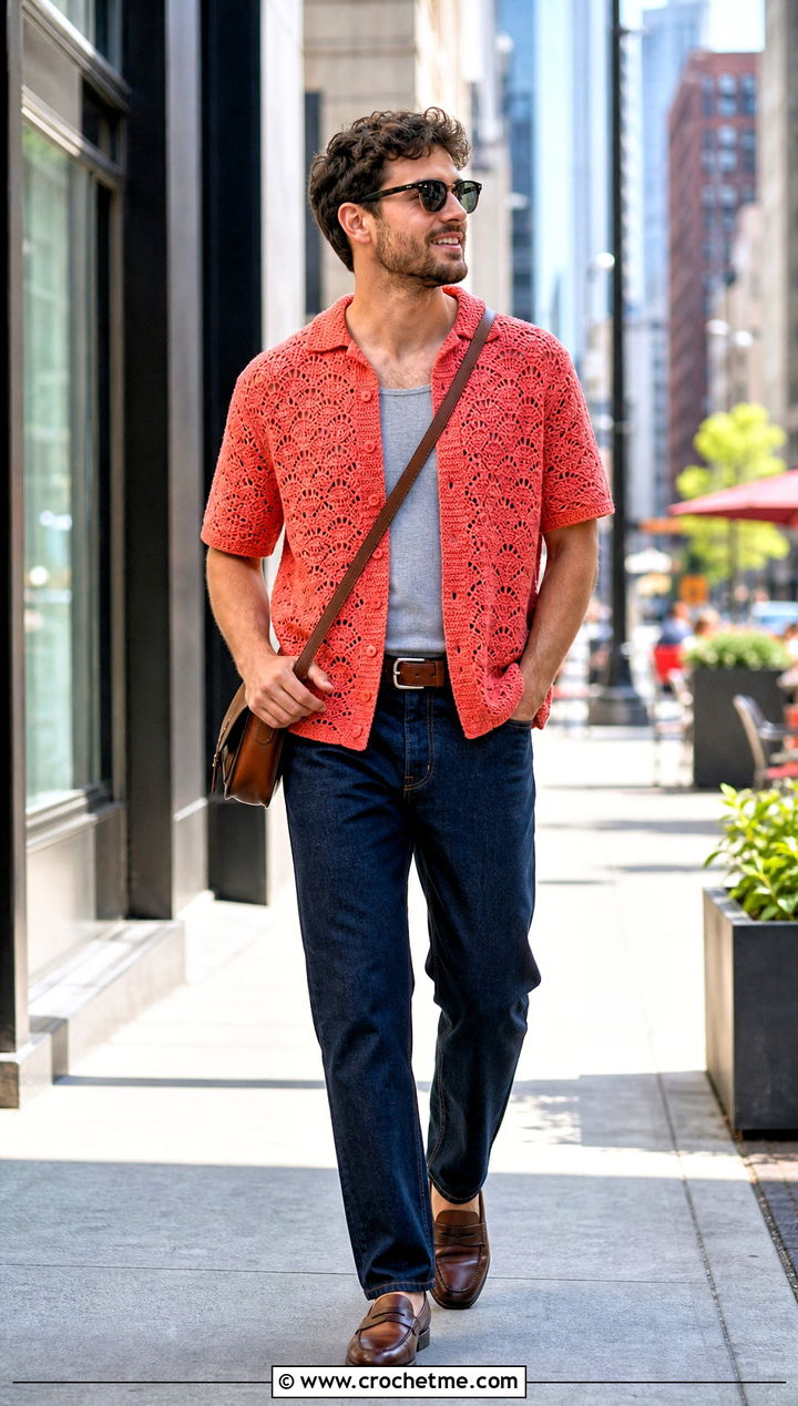 Shell Stitch Crochet Shirt With Dark Denim - 35 crochet man shirt outfit ideas