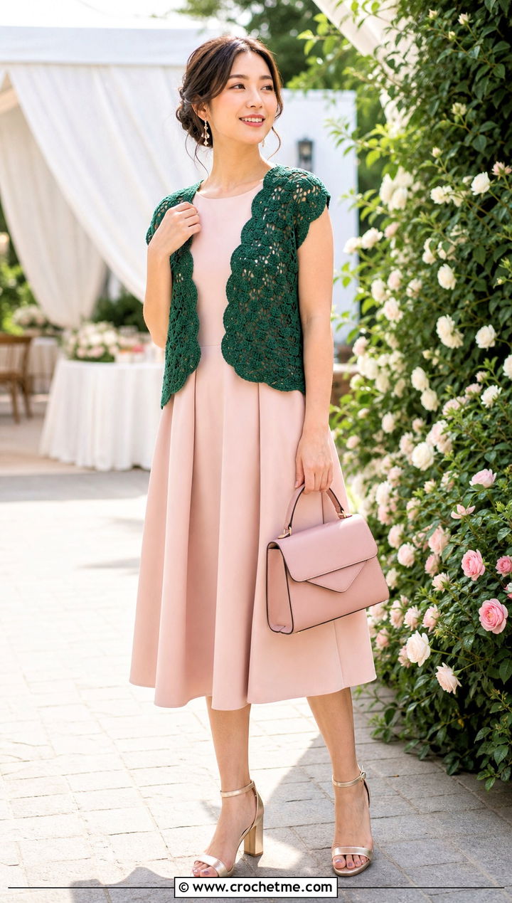 Shell Stitch Crochet Shrug Vest With Midi Dress - 15 crochet shrug vest outfit ideas