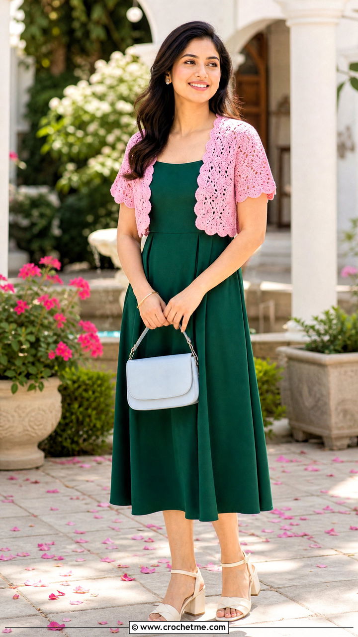 Shell Stitch Crochet Shrug With Fit and Flare Dress - 35 crochet shrugs outfit ideas