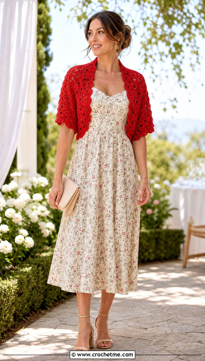 Shell Stitch Crochet Shrug With Floral Dress - 25 simple crochet shrug outfit ideas
