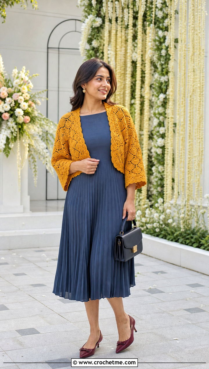 Shell Stitch Crochet Shrug With Pleated Dress - 30 easy simple crochet shrug outfit ideas