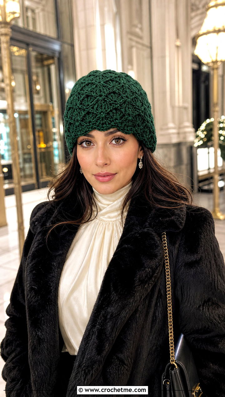 Shell Stitch Crochet Ski Hat With Faux Fur Coat And Trousers - 30 crochet ski hat outfit ideas
