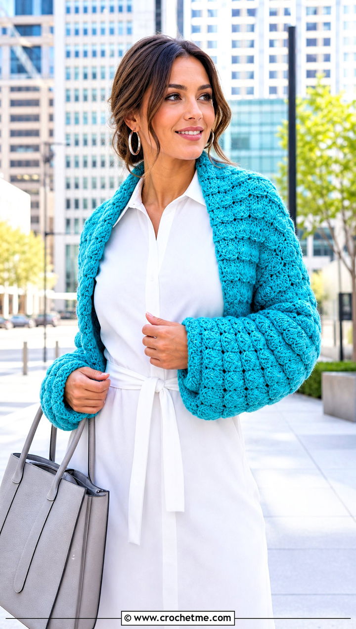 Shell Stitch Crochet Sleeve Scarf With Shirt Dress - 30 crochet sleeve scarf outfit ideas