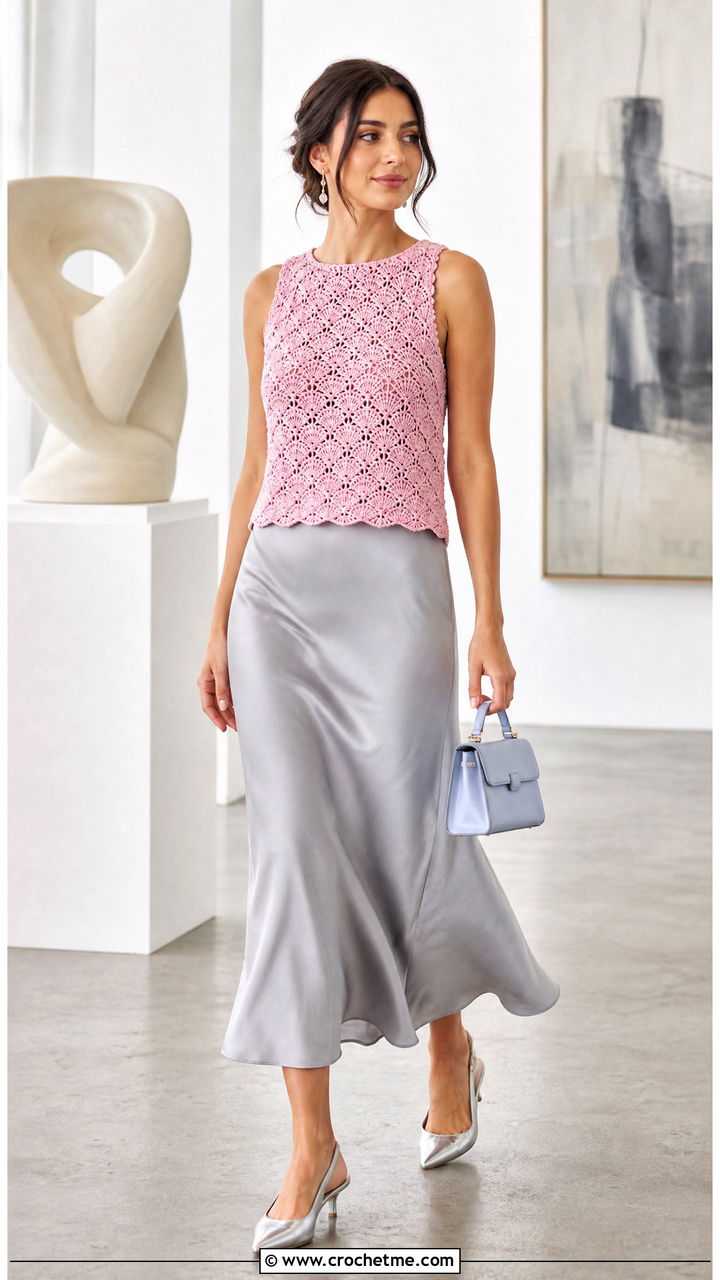 Shell Stitch Crochet Sleeveless Top With A Satin Midi Skirt - 35 crochet sleeveless top outfit ideas