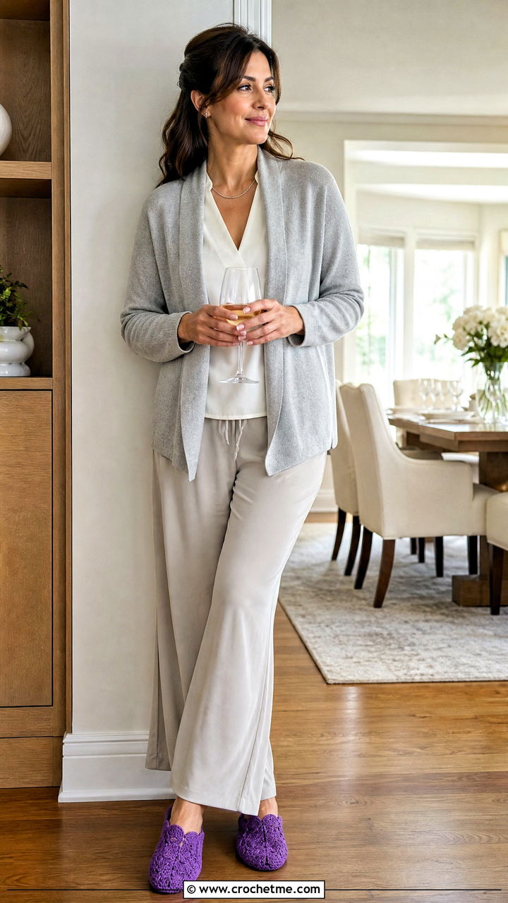 Shell Stitch Crochet Slippers With a Blouse and Lounge Pants - 35 easy crochet slippers adult outfit ideas