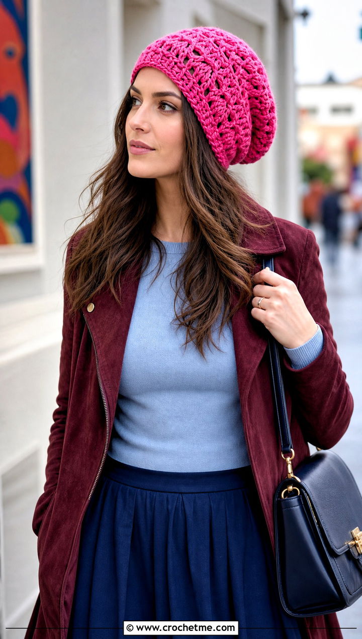 Shell Stitch Crochet Slouch Beanie With Midi Skirt - 35 crochet slouch beanie outfit ideas
