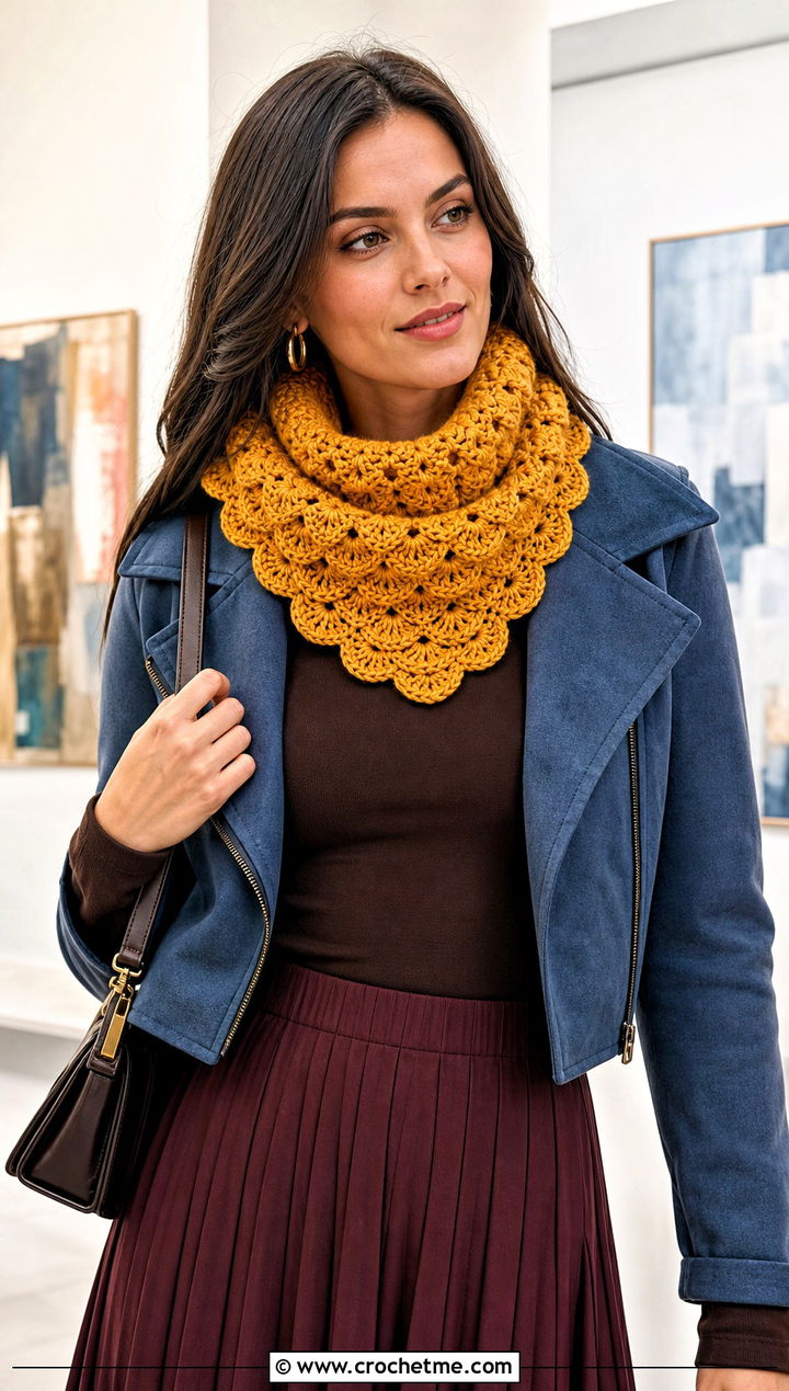 Shell Stitch Crochet Snood Cowl With Pleated Skirt - 20 crochet snood cowl outfit ideas