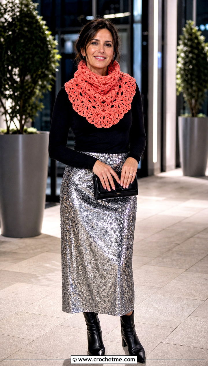 Shell Stitch Crochet Snood Scarf With Sequin Skirt - 25 snood crochet scarf outfit ideas