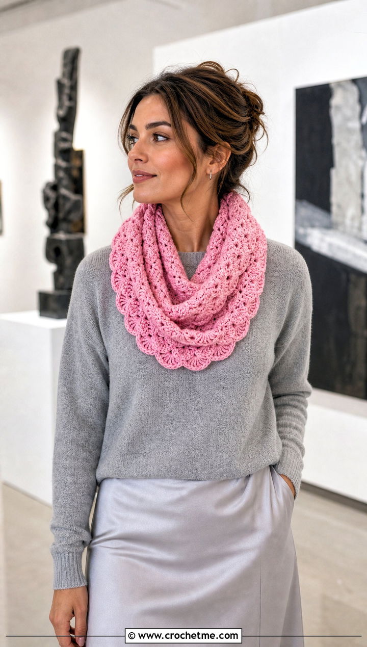Shell Stitch Crochet Snood Scarf With a Satin Skirt - 25 crochet snood scarf outfit ideas