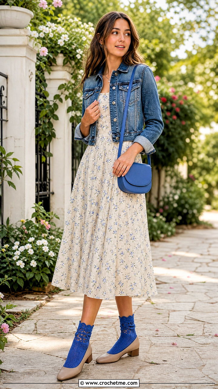 Shell Stitch Crochet Socks With A Floral Midi Dress - 35 crochet socks for beginners outfit ideas