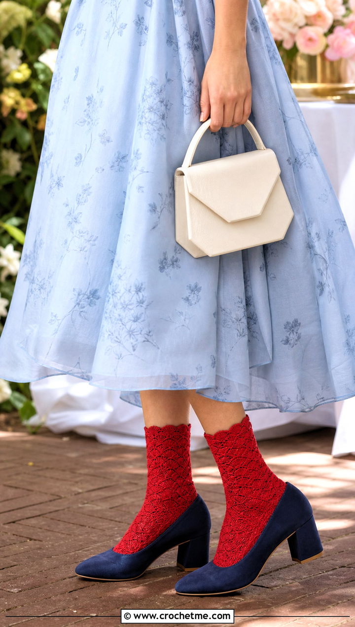 Shell Stitch Crochet Socks With Tea Dress And Block Heels - 25 Quick Crochet Socks outfit ideas