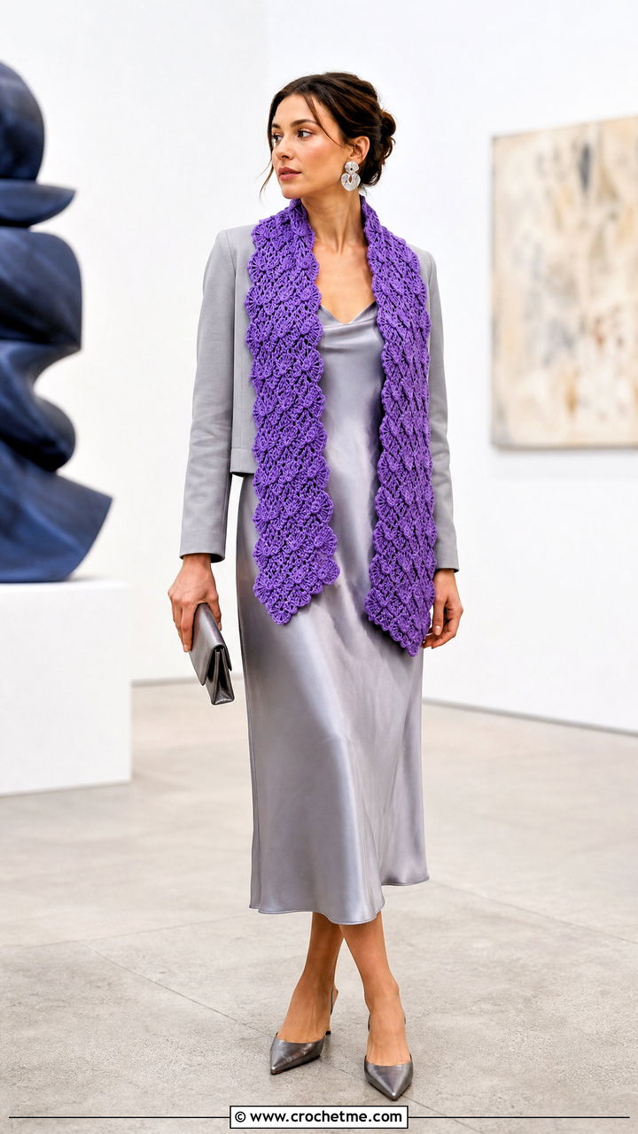 Shell Stitch Crochet Sophie Scarf With Satin Slip Dress - 35 crochet sophie scarf outfit ideas