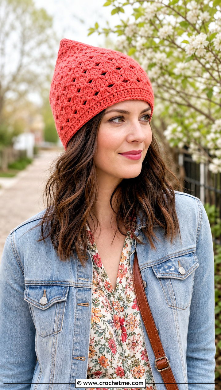 Shell Stitch Crochet Stocking Hat With Maxi Dress - 25 easy crochet stocking hat outfit ideas