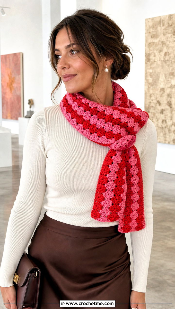 Shell Stitch Crochet Striped Scarf With Midi Skirt - 25 crochet striped scarf outfit ideas