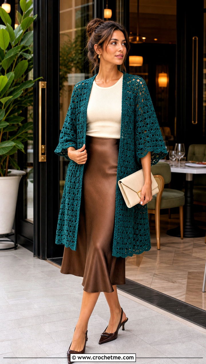 Shell Stitch Crochet Summer Kimono With Satin Skirt - 30 crochet summer kimono outfit ideas